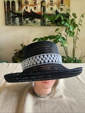 Black Wide-Brim Polyester Hat with White Beaded Band